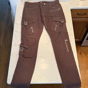 Fashion Nova Men's Dark Brown Cargo Pants with Zipper Accents